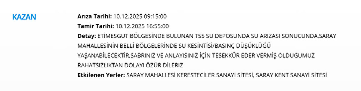ANKARA SU KESİNTSİ 10 ARALIK (ASKİ KESİNTSİ LİSTESİ)