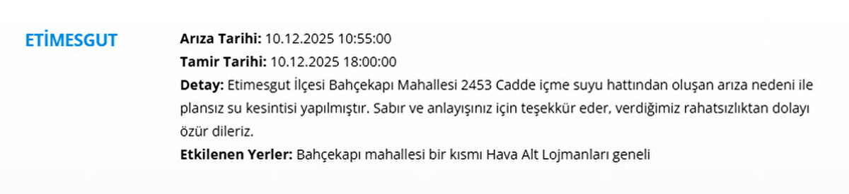 ANKARA SU KESİNTSİ 10 ARALIK (ASKİ KESİNTSİ LİSTESİ)