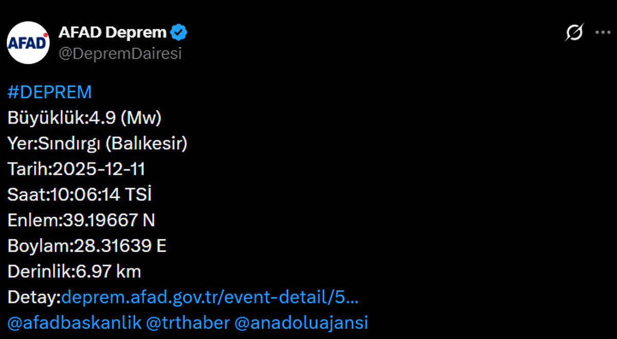 AFAD BALIKESİR DEPREM 11 ARALIK