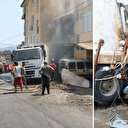 Freni boşalan çöp kamyonu direği devirip, 2 otomobili ezdi: Çıkan yangın büyümeden söndürüldü