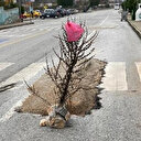 Yağışlardan dolayı yolda çökme oldu: Vatandaştan belediyeye 'mezarlı yaya geçidi'