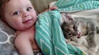 Bebek ile yavru kedinin sevimli dostluğu