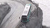 Uçurumun kenarında asılı kalan otobüste panik anları