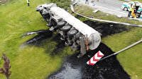 TEM Çatalca Yolu'nda zift yüklü tanker devrildi