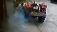 Traktörün lastiği bomba gibi patladı