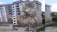 Rize'de yıkımı yapılan bina aniden çöktü: İş makinesi operatörü ölümden döndü