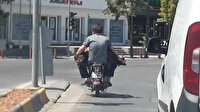 Kurbanlık koyunu motosiklette aralarına alarak taşıyan iki arkadaş oluşturdukları ilginç görüntü ile gündem oldu