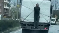 Bursa'da kamyon kasalarında tehlikeli yolculuklar kamerada