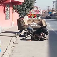 Vicdansız adam yorgunluktan yere düşen atını kaldırmak için tekmeledi