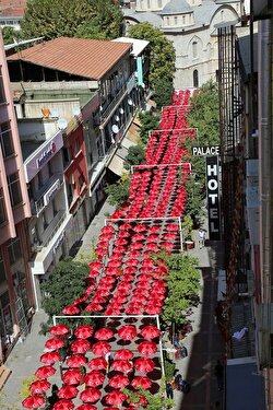 Hundreds of floating flag-colored umbrellas in Turkey's Street 