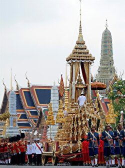 The Great Victory Chariot carrying the royal urn is pulled during the funeral procession for Thailand's late King Bhumibol Adulyadej before the Royal Cremation Ceremony in front of the Grand Palace in Bangkok, Thailand.