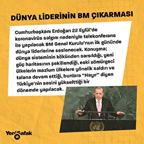 Cumhurbaşkanı Erdoğan 22 Eylül’de koronavirüs salgını nedeniyle telekonferans ile yapılacak BM Genel Kurulu’nun ilk gününde dünya liderlerine seslenecek.