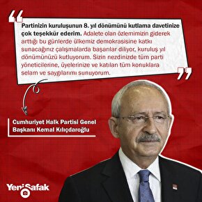 CHP Genel Başkanı Kemal Kılıçdaroğlu, HDP’nin kuruluşunun 8. yıl dönümü nedeniyle partinin eş başkanları Pervin Buldan ve Mithat Sancar’a kutlama mesajı gönderdi.