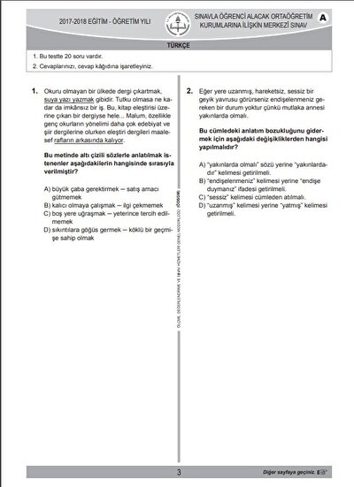 Lgs Turkce Sorulari Ve Cevap Anahtari 2018