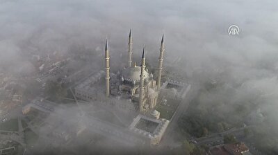 Turkey's iconic Selimiye Mosque covered by morning fog