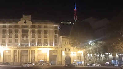 Azerbaijani flag illuminated on Tbilisi TV Tower in Georgia