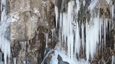 Icicles form on waterfall, creating magical winter in Turkey
