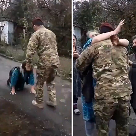 Azerbaycanlı anne, Karabağa yolladığı oğlunu ayaklarına kapanarak karşıladı