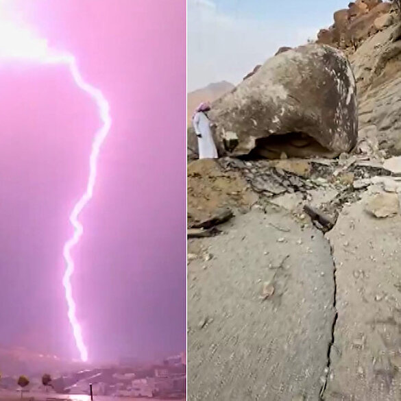 Suudi Arabistan'da dağa düşen yıldırım dev kayalığı parçaladı