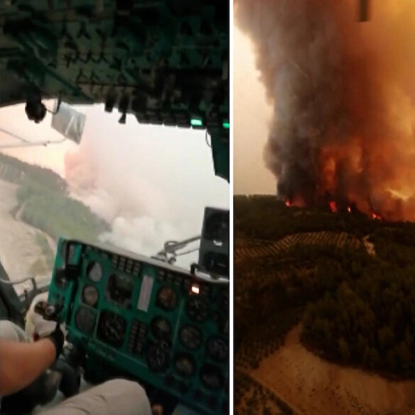 Helikopter pilotlarının yangına müdahale sırasında çektiği görüntüler paylaşıldı