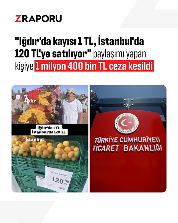 'Iğdır’da kayısı 1 TL, İstanbul’da 120 TL’ paylaşımına milyonluk ceza