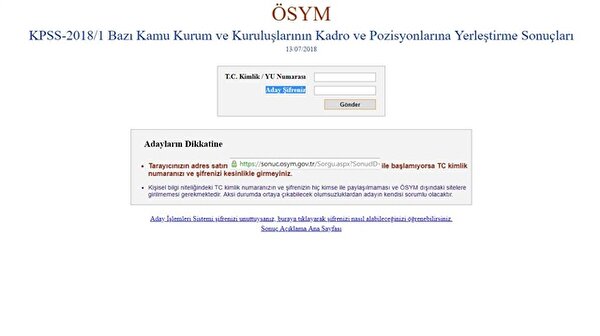 KPSS sonuç sorgulama ekranı - sonuc.osym.gov.tr giriş ...