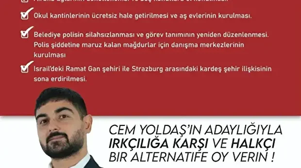 Le candidat à la Maire de Strabourg, Cem Yoldas, sur un tract en truc. 