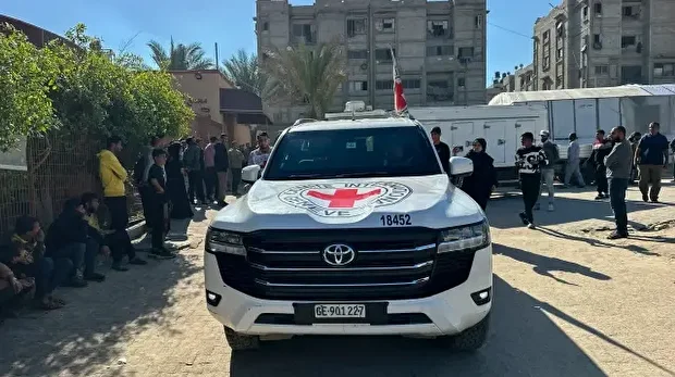 Des véhicules du Comité international de la Croix-Rouge transportent les corps de prisonniers palestiniens au complexe médical Nasser à Khan Yunis, dans la bande de Gaza, le 26 novembre 2025.