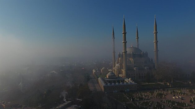 Landmark Selimiye Mosque wrapped in fog