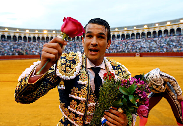 Famous matadors perform talents during a bullfight in Seville