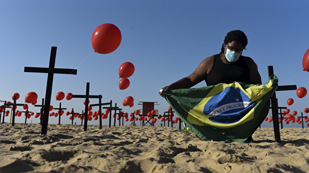 Red balloons released at Copacabana beach as a tribute to the 100,000 Brazilians killed due to Covid-19