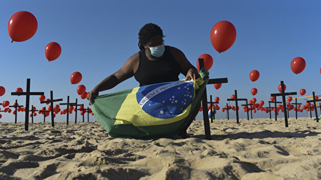 Red balloons released at Copacabana beach as a tribute to the 100,000 Brazilians killed due to Covid-19