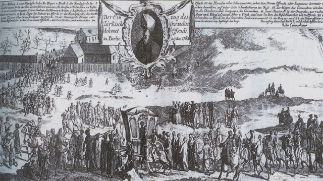 Almanya’ya giden ilk elçi Almanya’ya giden ilk Osmanlı sefiri Ahmed Resmi Efendi’nin Berlin’e gelişi (1763) gravürde de tasvir edildiği gibi Prusya’nın başkentinde tarihî bir gün yaşanmasına neden olmuştu. Hatta aristokratlar Sultan’ın elçisini görmek için sıraya bile girmişlerdi.
