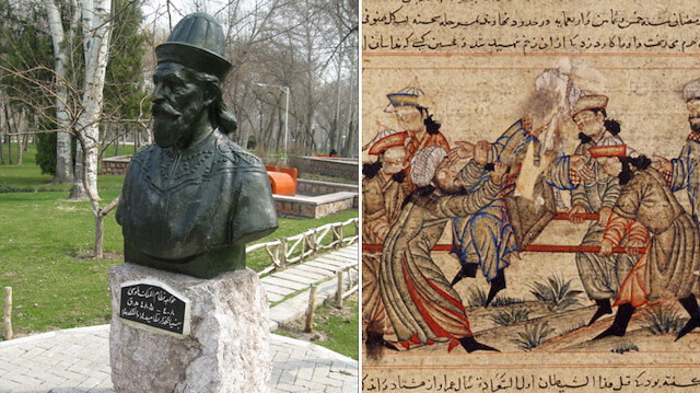 İran'ın Meşhed kentinde, Nizâmülmülk'ün büstü ve onun şehit edilişini gösteren bir minyatür.