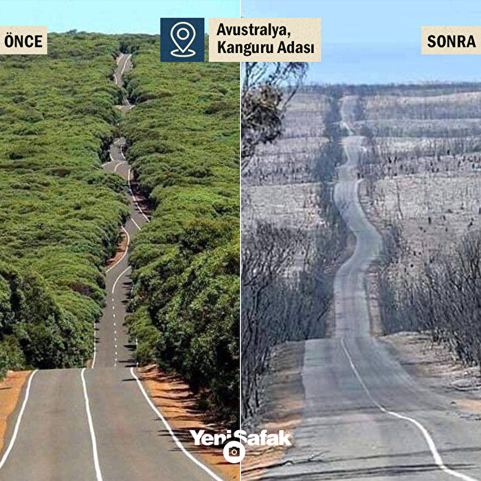 Avustralya'daki Kanguru Adası'nın yangından önceki ve sonraki halini gösteren yürek yakan bir görüntü