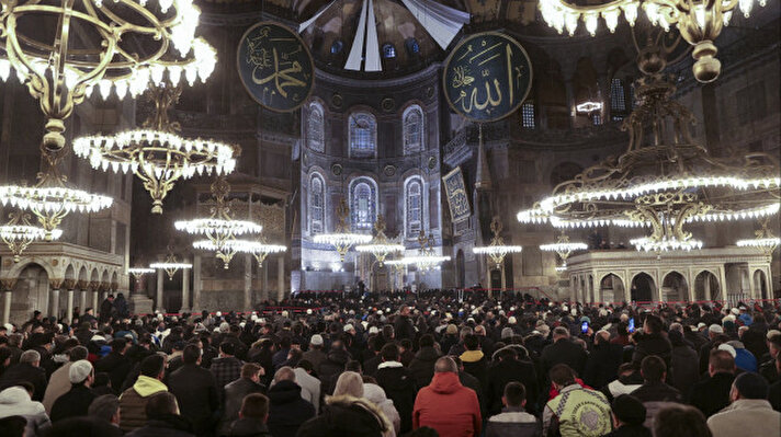 <p>Turkish Religious Affairs Directorate Ali Erbas gives a speech after a morning prayer as part of a collective prayer event at Hagia Sophia Grand Mosque to wish peaceful new year in Istanbul on the first day of the year.</p>