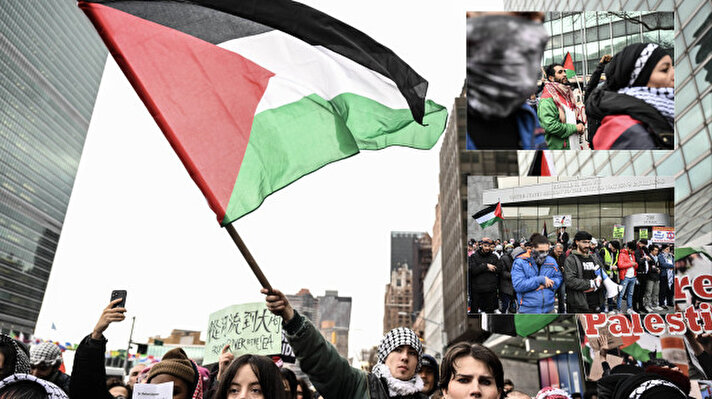 <p>Göstericiler, New York'ta, BM binasının karşısındaki ABD misyonu önünde bir araya geldi.</p>