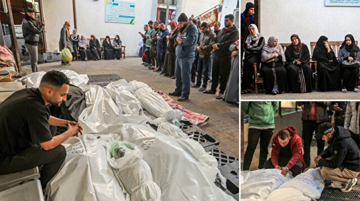 <p>Saldırılarda hayatını kaybedenlerin naaşları, yakınları tarafından cenaze namazı kılınıp toprağa verilmek üzere Refah kentindeki En-Neccar Hastanesi morgundan alındı.&nbsp;</p>