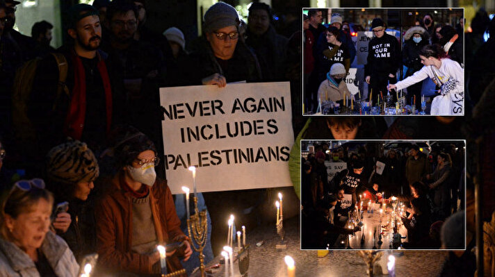 <p>Katılımcılar, İsrail'in Gazze'ye yönelik saldırılarına tepki göstermek için pankart taşıdı, mum yaktı.</p>