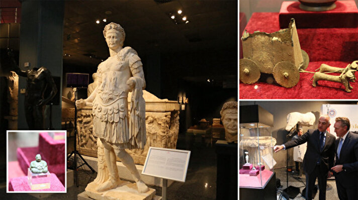 <p>Türkiye'den kaçırılan Bubon Antik Kenti kökenli Septimius Severus Heykeli, Perge kökenli 2 heykel başı, Çatalhöyük kökenli ana tanrıça gibi bazıları M.Ö. 6'ncı bin yıla tarihlenen toplam 12 eser, ABD'den iadesi sonrası Kültür ve Turizm Bakanı Mehmet Nuri Ersoy ve ABD Büyükelçisi Jeffry Flake'in katılımıyla düzenlenen törenle Antalya Müzesi'nde sergilenmeye başlandı.</p><p><br></p>