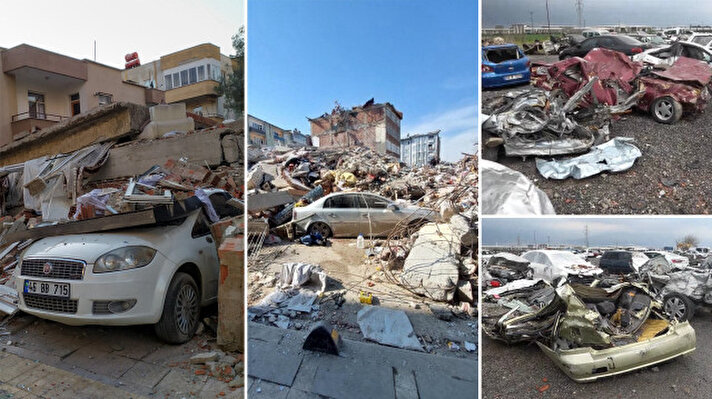 <p>Kahramanmaraş'ta depremlerin yıktığı binaların enkazından çıkarılan araçların götürüldüğü toplama alanları, araba mezarlığını andıran görünümleriyle felaketin boyutunu gözler önüne seriyor.&nbsp;</p>