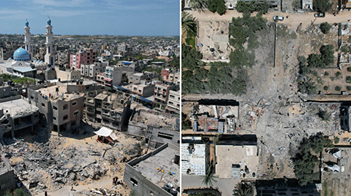 <p>Ateşkesin ardından abluka altındaki Gazze Şeridi'nin farklı mahallelerindeki yıkılmış ve ağır hasar görmüş binalar havadan görüntülendi.</p>