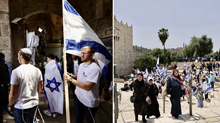 <p>Fanatik Yahudi yerleşimciler, ellerinde İsrail bayraklarıyla taşıdı.&nbsp;</p>