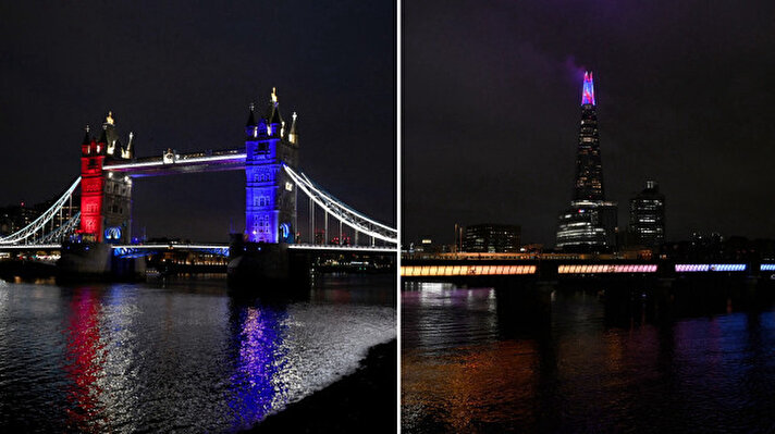 <p>Londra'nın ünlü yapıları arasında bulunan Tower Bridge, törenin ardından İngiltere bayrağı renkleriyle ışıklandırıldı.</p>