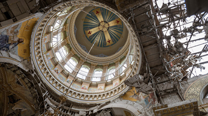 ODESA, UKRAINE - JULY 23: Altar and the roof of Historical Transfiguration Cathedral is damaged after Russian missile strike as Russia-Ukraine war continues in Odesa, Ukraine on July 23, 2023. Historical Transfiguration Cathedral (Spaso-Preobrazhensky Cathedral) the largest in Odesa and second largest in Ukraine was strike in the dawn by Russian forces.