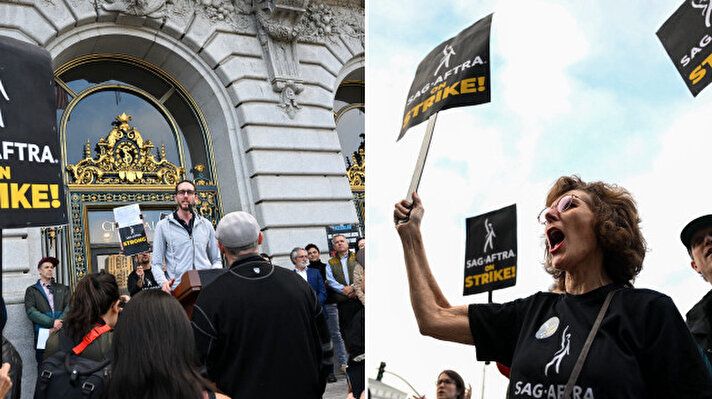 <p>San Francisco Belediye Binası önünde toplanan SAG-AFTRA üyeleri, gösteri düzenledi.</p>