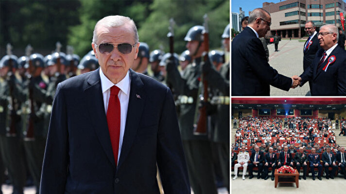 <p>Cumhurbaşkanı Erdoğan'ı törene gelişinde Milli Savunma Bakanı Yaşar Güler ve Milli Savunma Üniversitesi Rektörü Prof.Dr. Erhan Afyoncu karşıladı.</p>