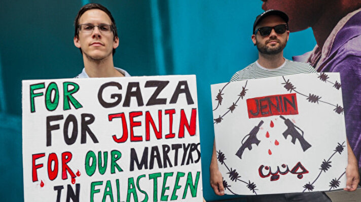 NEW YORK, US- JULY 7: A group of demonstrators in New York City rally at Ralph Bunche Park, cross to the UN and march to Israel mission to show their solidarity with Jenin of Palestine, on July 7, 2023.