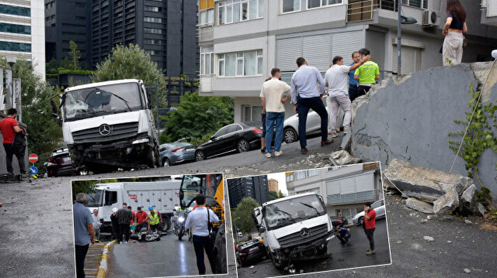 <p>Yol kenarındaki duvarın bir bölümünü de yıkan kamyon, son anda önüne çıkan otomobile çarparak durabildi. Kamyondan dökülen yakıt nedeniyle motosiklet sürücüleri de zor anlar yaşadı.&nbsp;</p>