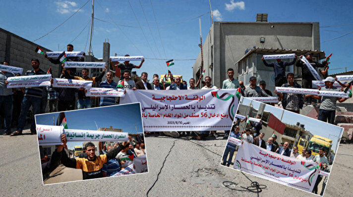 <p>Göstericiler, İsrail'in uyguladığı hukuksuz ablukanın kaldırması için uluslararası toplumu harekete geçmeye çağıran ifadelerin yazılı olduğu dövizler de taşıdı.</p>
